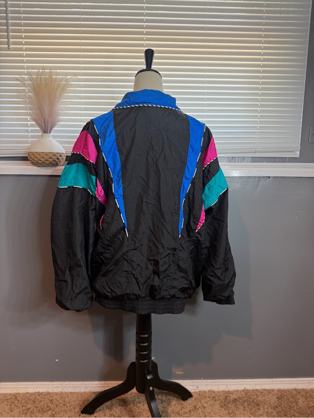 Black Bomber Jacket with Blue, Teal & Pink Panels - Picture 7 of 8